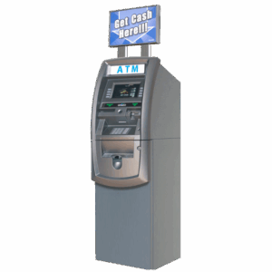 A standalone ATM machine with a sign reading 'Get Cash Here'.