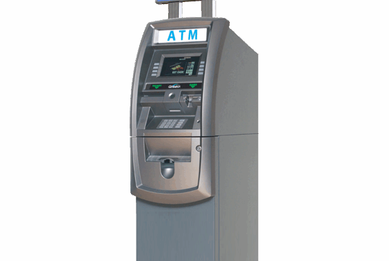 A standalone ATM machine with a sign reading 'Get Cash Here'.