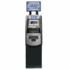 A standalone ATM machine with a cash withdrawal sign on top.