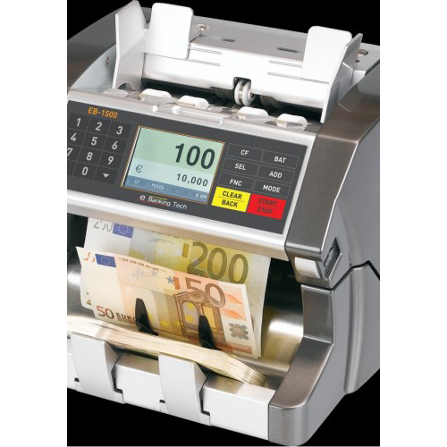 A machine counting and sorting euro banknotes.