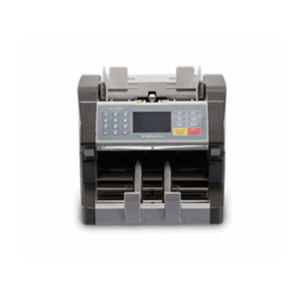 A modern currency counting machine with digital display and buttons.