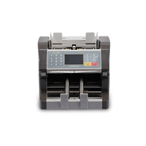 A modern currency counting machine with digital display and buttons.