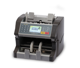 A compact bill counting machine with digital display and keypad.