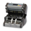 A currency counting machine with digital display and multiple compartments.