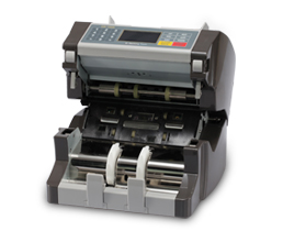 A currency counting machine with digital display and multiple compartments.
